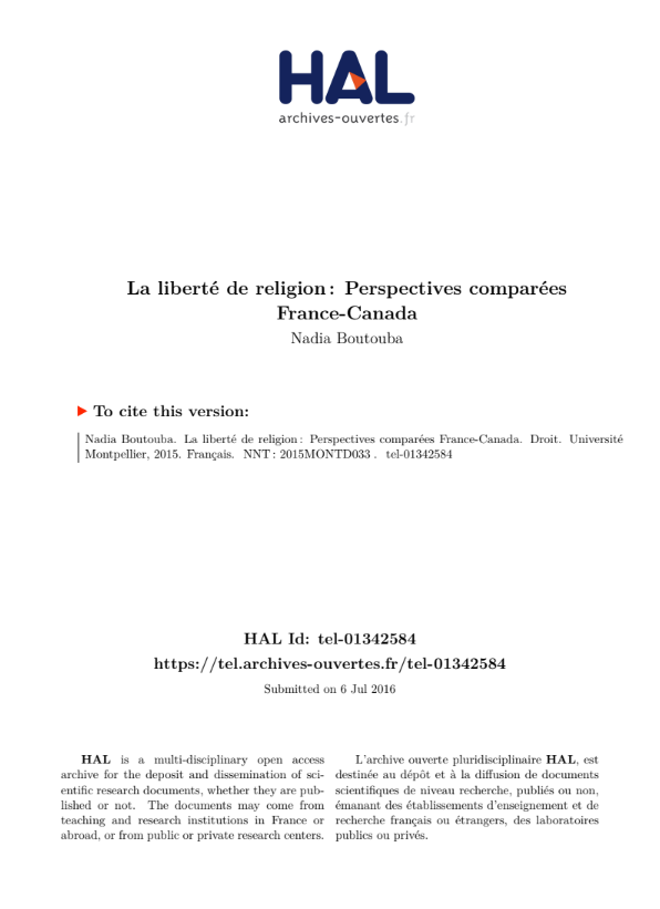 LA LIBERTÉ DE RELIGION PERSPECTIVES COMPARÉES FRANCE/CANADA